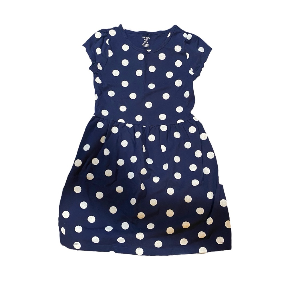 Carters cotton casual dress navy white polka dot short sleeve size 7
